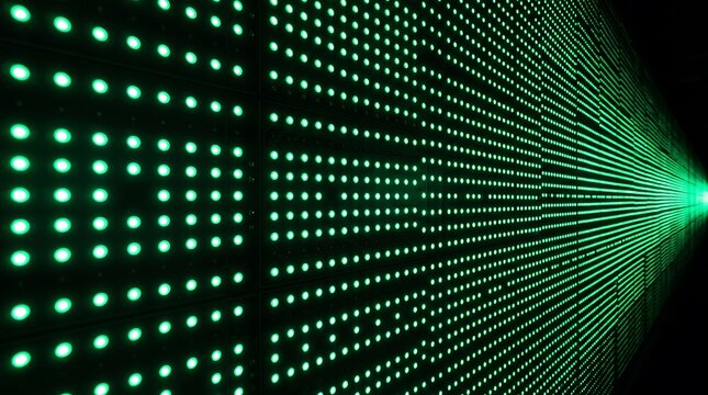 A repeating grid of bright green led lights arranged in a perspective pattern on a dark background