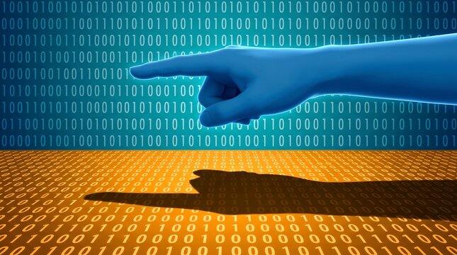A blue hand pointing at a digital screen filled with binary code patterns