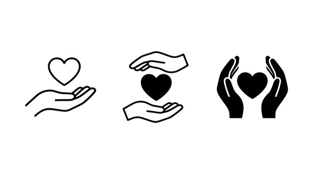 Set of heart icons held in hands, charity and care concept, vector illustration isolated on transparent background