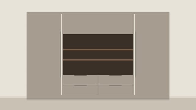 A minimalist modern wardrobe is precisely constructed from architectural blueprint lines into a finished premium furniture design. The motion graphic shows technical line drawing, structural assembly,