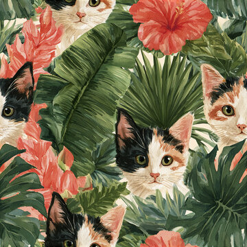 Watercolor seamless pattern featuring curious calico kittens surrounded by tropical leaves and vibrant flowers