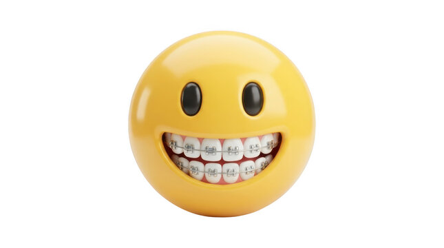 3d smiling yellow emoji face with braces isolated on transparent background