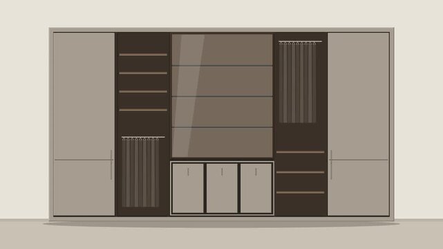 A large modern built-in wardrobe is assembled from precision modular storage components in a premium contemporary home interior. The animation highlights custom furniture design, architectural storage