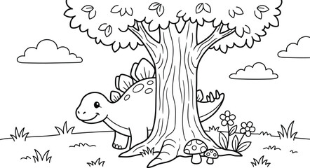 A delightful dinosaur coloring page featuring a stegosaurus grazing peacefully under a majestic tree perfect for kids © ABU