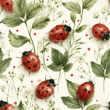 Watercolor seamless pattern featuring cute red ladybug crawl on green leaves and white flowers with red dots