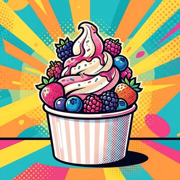 A vibrant pop art poster of a frozen yogurt swirl, berries, graphic style. 