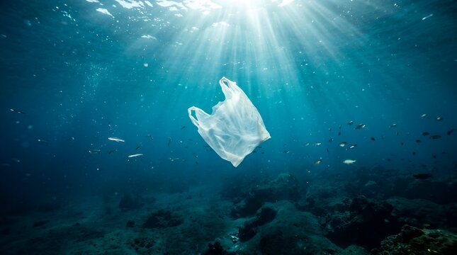 A single plastic bag floating under the deep blue ocean water with sun rays light showing ocean pollution.