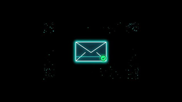 Neon email icon with checkmark on black background, glowing digital envelope symbol, online message delivered concept