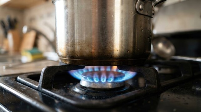 Closeup of a stainless steel pot sitting on a lit gas stove burner with blue flames in a kitchen setting