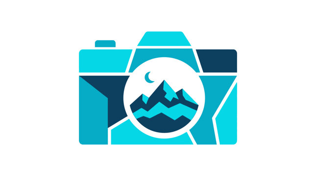 Abstract geometric camera icon featuring a mountain landscape inside the lens.