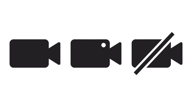 Set of simple black video camera icons including recording and disabled states.