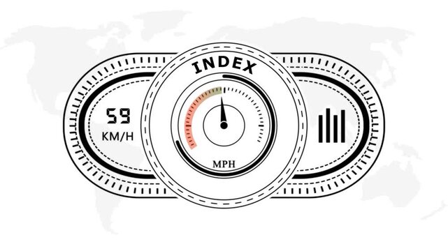 Universal level meter indicator with Index text Animation.Gauge scale meter status performance on white background.Circular speedometer gauge with speed indicators on white background.4k video