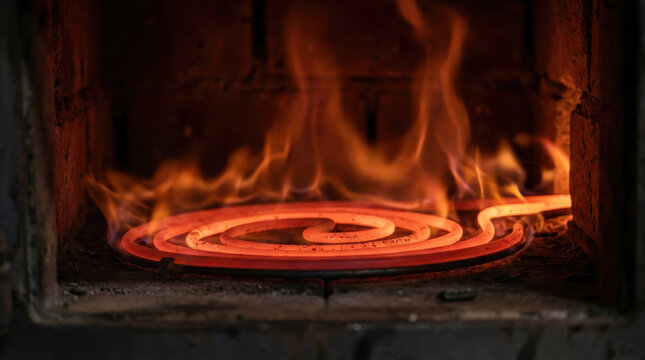Glowing red heating element inside dark oven with orange flame and visible heat, creating warm dramatic home cooking scene