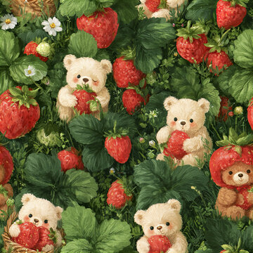 Whimsical strawberry patch with playful teddy bears holding ripe red fruit among green leaves and small white flowers