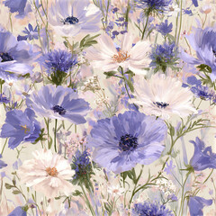 Obraz premium Whimsical violet wildflower seamless pattern with soft hand painted floral design creating peaceful and delicate atmosphere