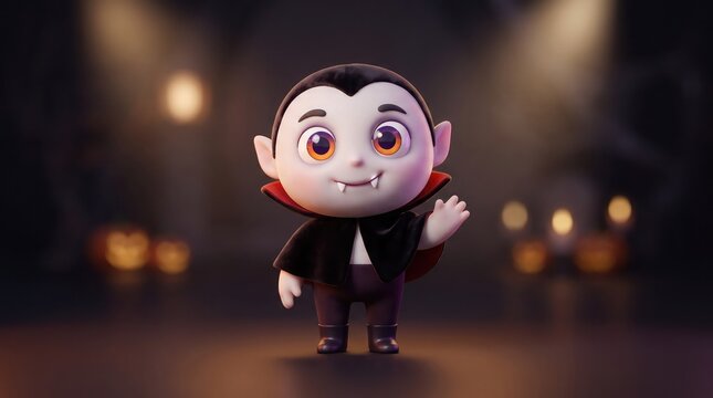 Cute vampire 3d character waving hand for Halloween holiday celebration