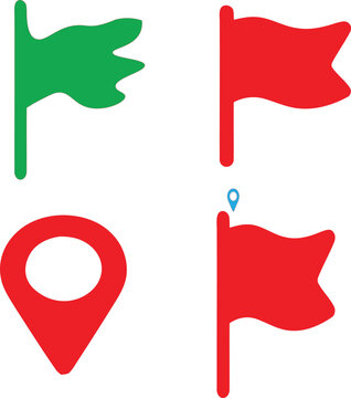 Set of flat featuring red and green waving flags and a circular map location pin navigation