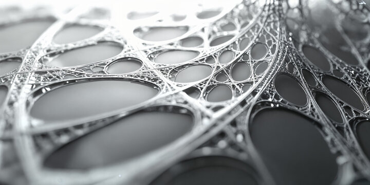 Futuristic organic lattice structure, metallic silver bionic mesh background, abstract architectural wireframe with fluid curves and cellular patterns