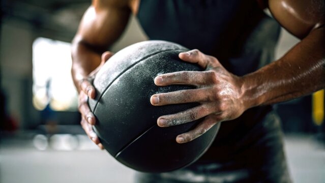 hyrox workout race concept. Close-up of a muscular person gripping a medicine ball, highlighting strength and fitness in a gym setting.