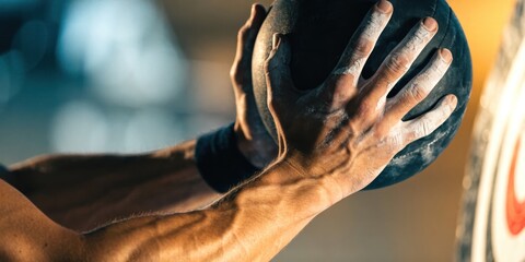 Fototapeta premium hyrox workout race concept. Close-up of muscular hands gripping a heavy medicine ball during an intense workout session.