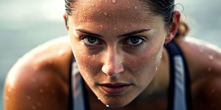 hyrox workout race concept. Close-up of a determined woman with water droplets on her face, focusing intensely during a workout or athletic activity.