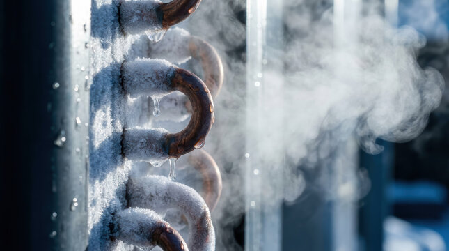 Frost covered metal pipe releases vapor in cold winter air, creating dramatic industrial scene with frozen condensation and visible heat contrast