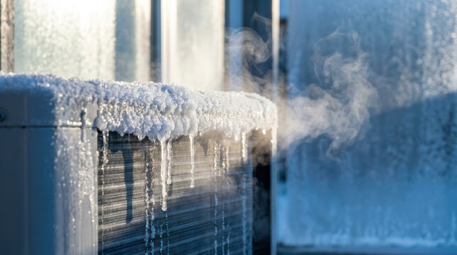 Icy frost melting from heat pump coil outdoors, with dripping icicle and vapor in cold winter sunlight, illustrating frozen equipment and seasonal maintenance needs
