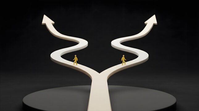 Two small figurines choosing between two winding white paths leading to arrows on black