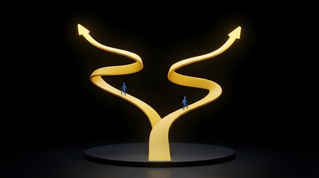 Tiny people walking on diverging golden paths with arrow heads against a dark studio background