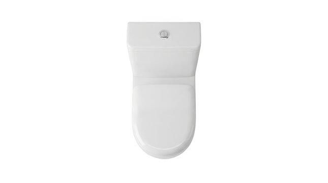 Top view of a modern white ceramic toilet bowl with a closed lid and flush button isolated on transparent background
