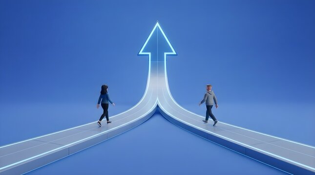 Miniature people walking on a blue path towards a singular arrow representing unified goals