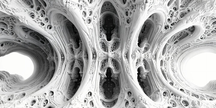 Monochrome fractal architecture background, abstract white organic structure with porous textures, futuristic biological 3D render for science and technology