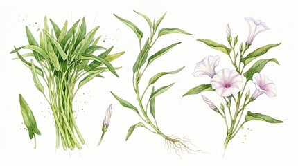 Fototapeta premium Watercolor Water Spinach Kangkung Botanical Illustration Set