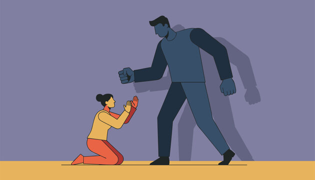Vulnerable woman on her knees pleads for mercy as a giant dark male shadow with a raised fist looms over her threateningly.