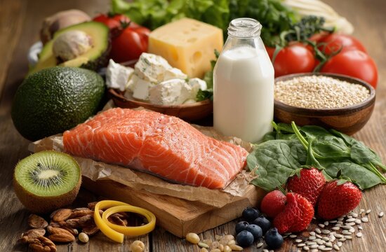 Fresh salmon fillet arranged on a wooden board with healthy food staples like avocado spinach oats and berries nutrition tomatoes ingredients lifestyle balanced breakfast culinary