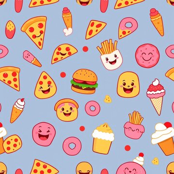 A vibrant pattern featuring various cartoon-style food items like pizza, burgers, ice cream, and donuts, perfect for children's products or playful designs.