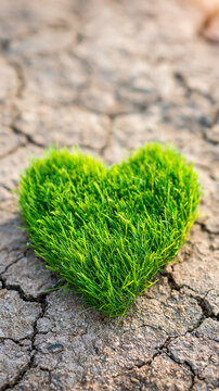 A heart-shaped patch of vibrant green grass contrasts with the cracked, dry earth surrounding it.