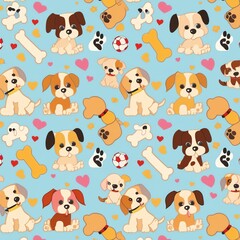 Obraz premium Cute and colorful pattern featuring playful puppies, bones, and hearts. Ideal for pet lovers, children's products, or any design needing a cheerful, playful touch.