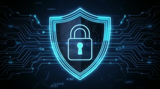 暗いテック空間に光るロックとシールドのセキュリティイメージ