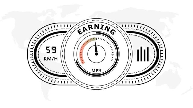 Universal level meter indicator with Earning text Animation.Gauge scale meter status performance on white background.Circular speedometer gauge with speed indicators on white background.4k video