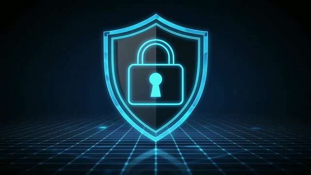 暗いテック空間に光るロックとシールドのセキュリティイメージ