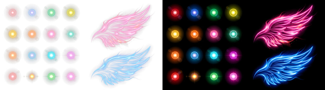 Glowing neon wings and light flare collection, vibrant magic energy effects on black and white backgrounds, ethereal fantasy design elements