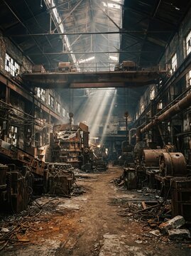 Rustic abandoned foundry interior featuring rusted machinery and dust shafts of light