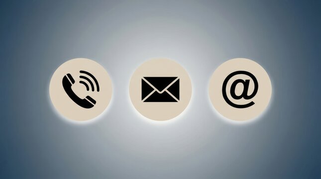 Three circular icons representing communication methods including a telephone, an envelope, and an at symbol on a gradient background