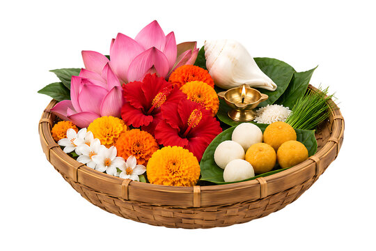 Traditional bamboo offering basket with lotus hibiscus marigold sweets conch rice and grass durga puja isolated on a transparent background