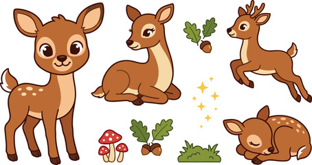 Fototapeta premium Cute Baby Deer Collection and Forest Woodland Elements Vector Set