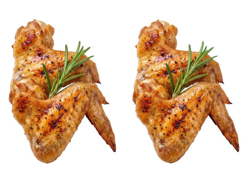 Two delicious roasted chicken wings seasoned with black pepper and garnished with fresh rosemary sprigs, isolated on transparent background