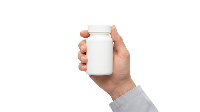 A person holding a white medicine bottle, isolated on transparent background