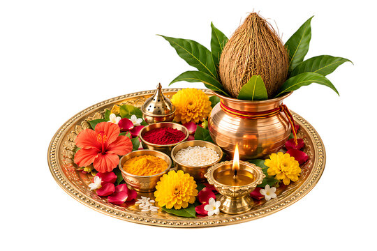 Traditional puja thali with copper kalash coconut flowers diya rice kumkum and turmeric durga puja isolated on a transparent background