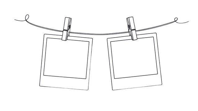Two polaroids hanging on string with clothespins vector isolated on transparent background
